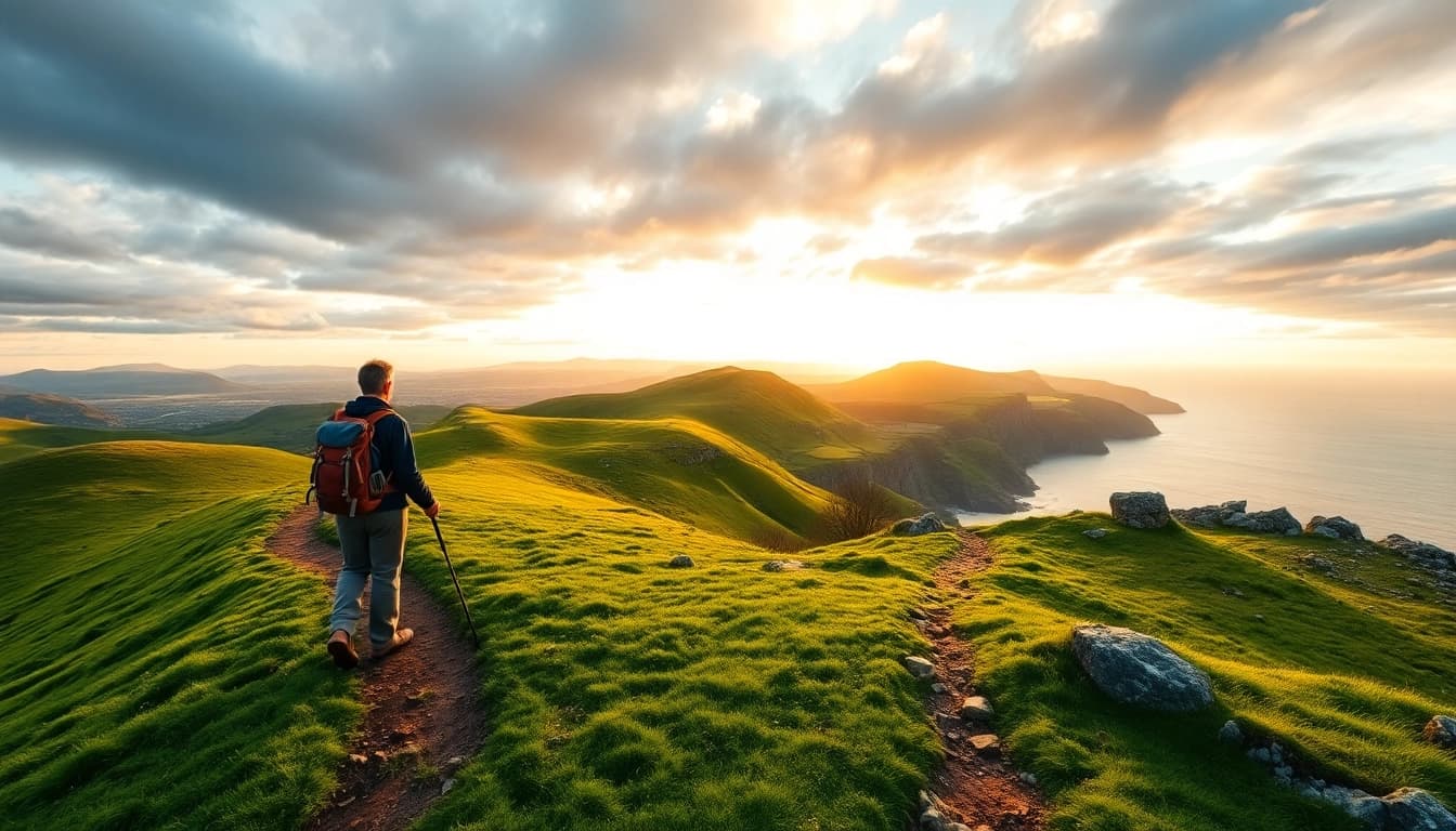 Kerry Way wandern entlang der atemberaubenden grünen Landschaft Irlands mit Kletterern.