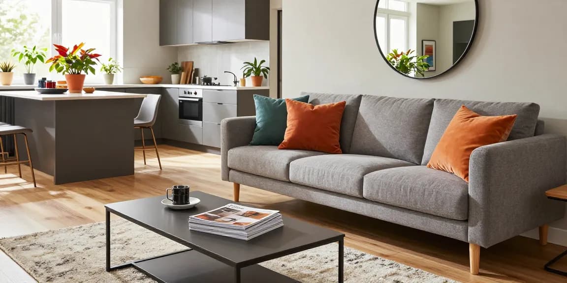 Modernes Wohnzimmer, das stilvolle wohnmöbel online kaufen mit einer gemütlichen Atmosphäre zeigt, ausgestattet mit grauem Sofa und buntem Dekor.