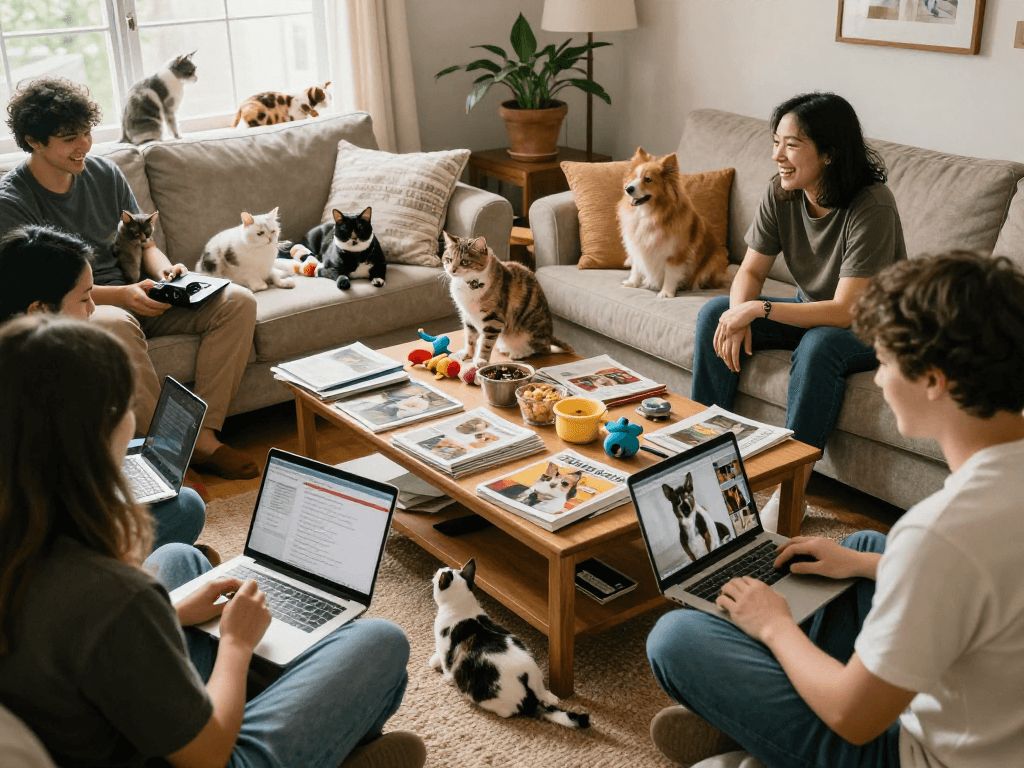 Pet lovers discussing rokok 88 and sharing tips in a cozy living room.
