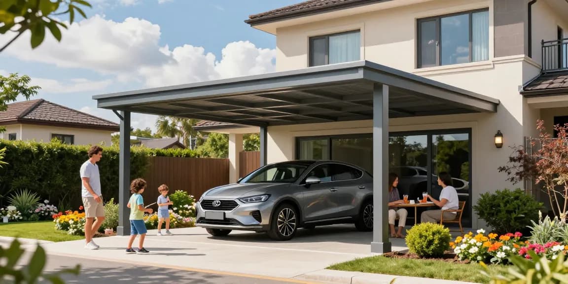 Moderne Carport in einem schönen Garten mit einer Familie, die entspannt, während Kinder spielen.