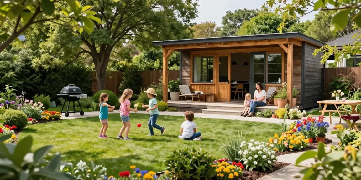 Ein Garten Haus in einem einladenden Garten mit blühenden Pflanzen und spielenden Kindern.