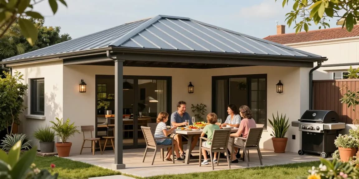 Freistehende Terrassenüberdachung in einem einladenden Garten mit Familie, moderne Gestaltung und sonnige Atmosphäre