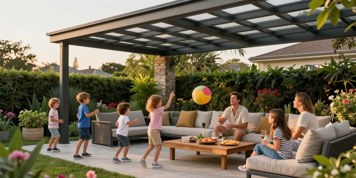 Moderne Terrassenüberdachungen schaffen eine einladende Atmosphäre für Familienfeiern im Freien.