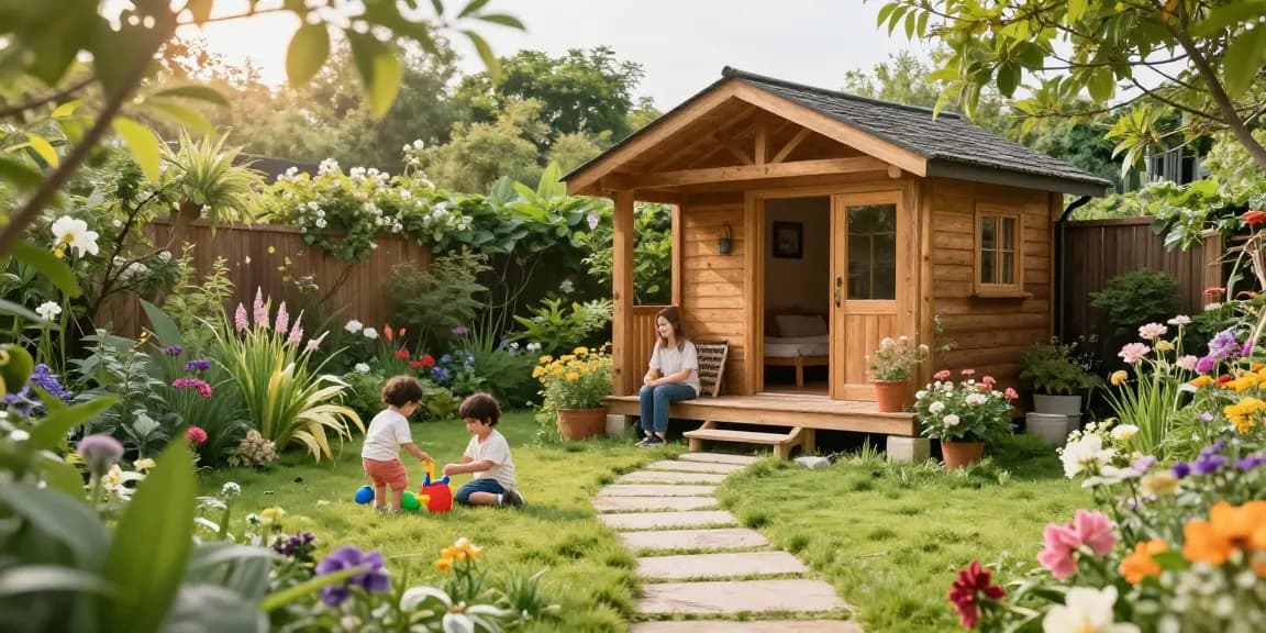 Gartenhäuser im idealen Gartenumfeld mit einer Familie, die Spaß im Freien hat.