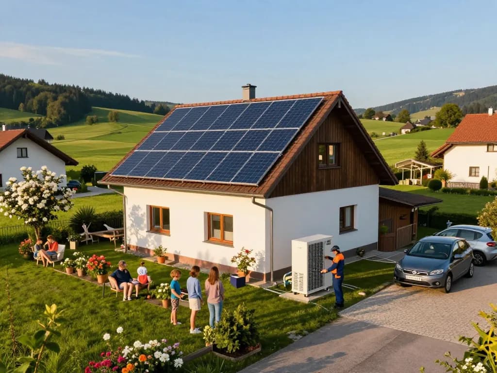 Photovoltaik Bayern Landschaft mit Solarpanelen und einer Familie, die nachhaltiges Leben in Bayern genießt.