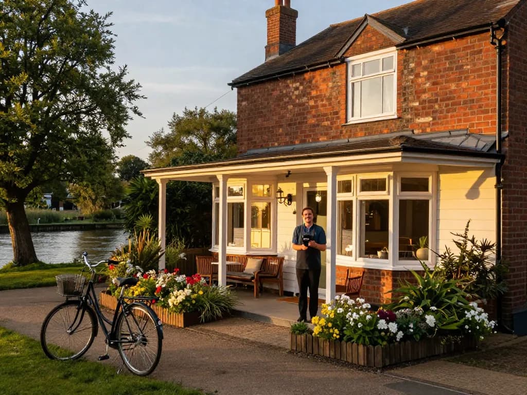 Welcoming property manager showcasing airbnb management reading in picturesque riverside rental.
