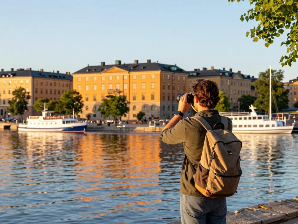 Reisetipps Stockholm mit einem Reisenden, der die Uferansichten genießt und ikonische Architektur sowie lebendige Szenerien festhält.