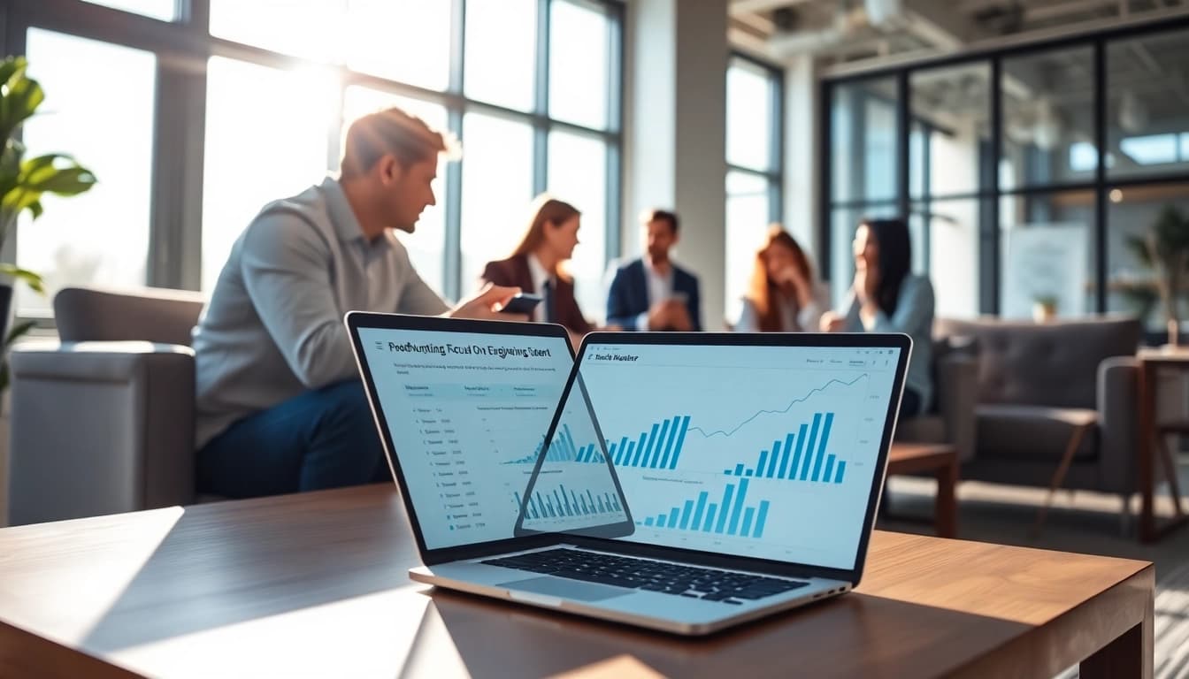 Headhunter Ingenieure in einem modernen Büro diskutiert Strategien der Talentsuche.