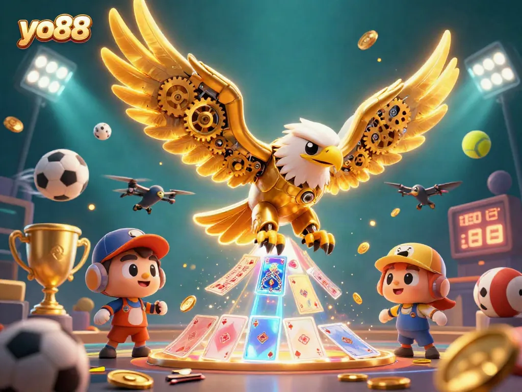 Experience the thrilling world of yo88, showcasing a golden eagle amid flying casino elements