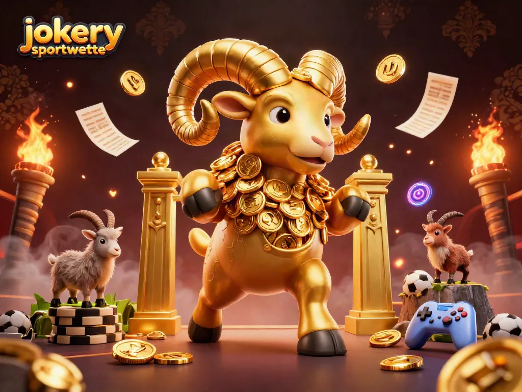 Experience the thrill of jokery sportwetten with a dynamic 3D casino illustration featuring golden elements and sports betting.
