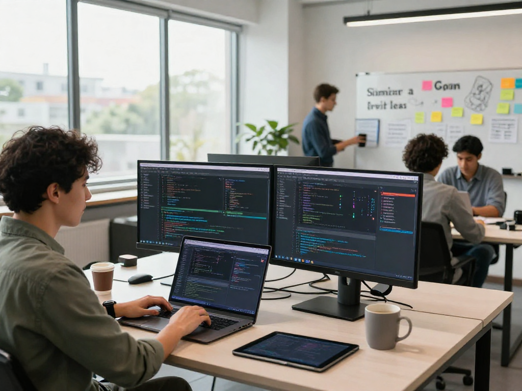 Developer coding on laptop in a modern app workspace at http://debet-app.com, showcasing creativity and collaboration.