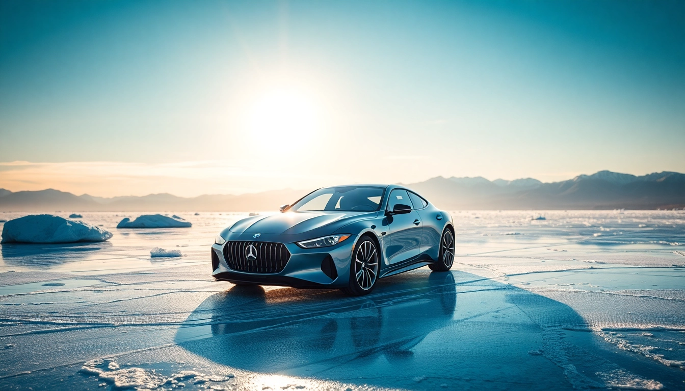 Sportliches Auto mit Auto Kufen auf eisiger Fläche, dynamisches Design und perfekte Lichtverhältnisse.