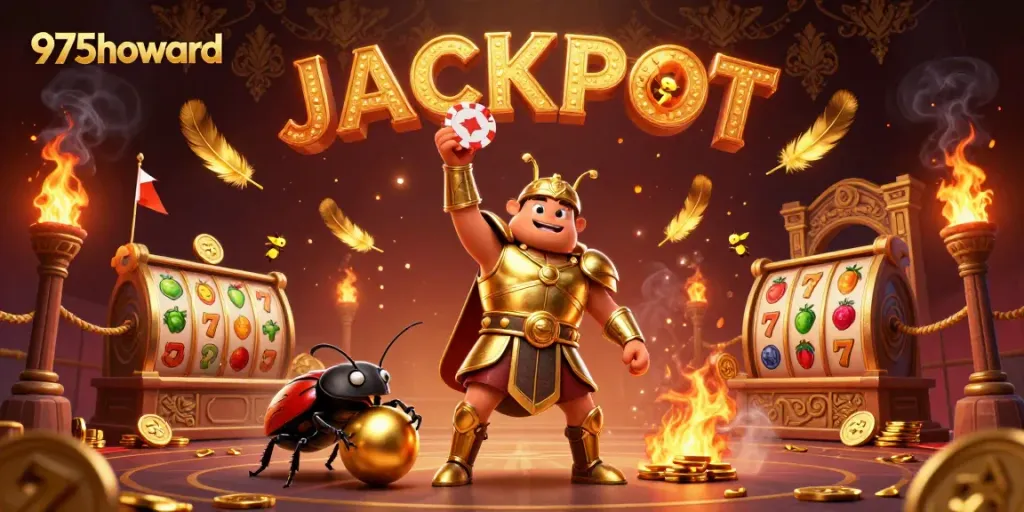 Experience the excitement of 975howard's casino world with beetles celebrating a jackpot amidst vibrant gambling elements.