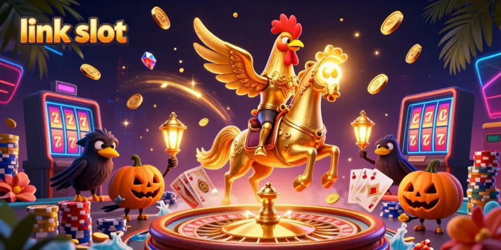 Experience thrilling link slot action with vibrant casino illustration featuring golden rooster, coins, and cards.