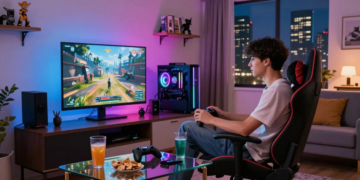 Young adult gaming with FAFA828 console in vibrant living room atmosphere.