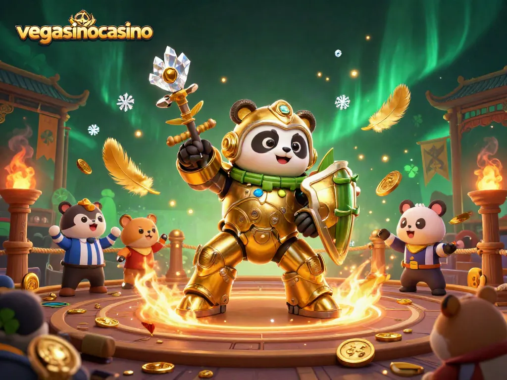 Engage in gaming excitement with vegasinocasino, featuring a golden panda in a dynamic 3D casino arena.