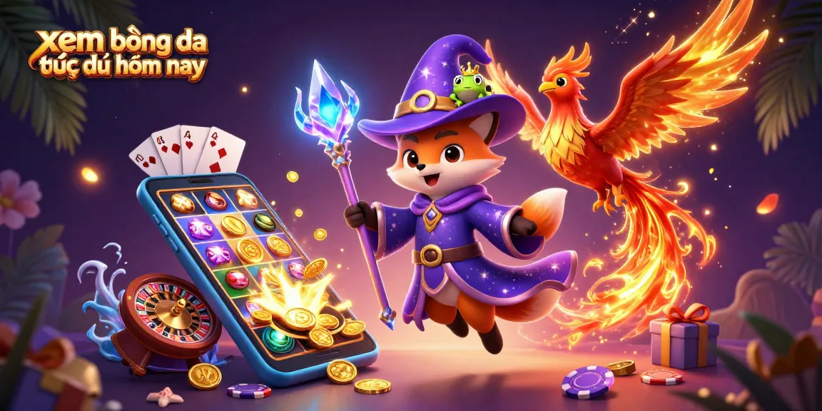 Xem bóng đá trực tiếp hôm nay with vibrant wizard fox and phoenix in a magical gambling scene.