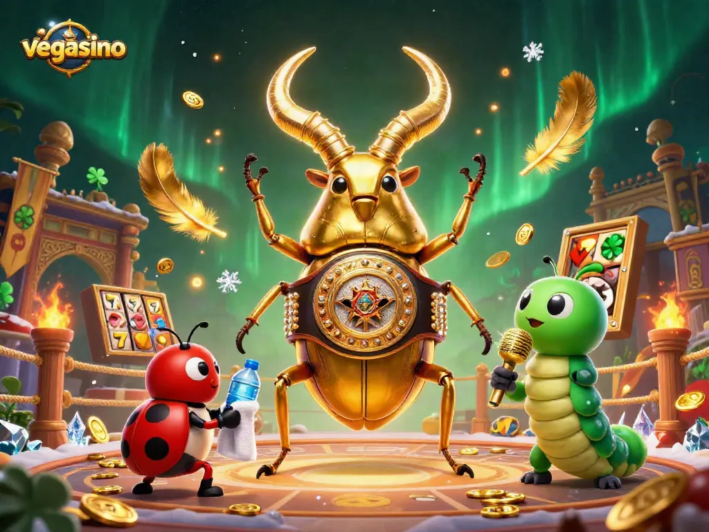 Engage in thrilling action at Vegasino with a vibrant 3D casino scene, featuring a boxing beetle champion.