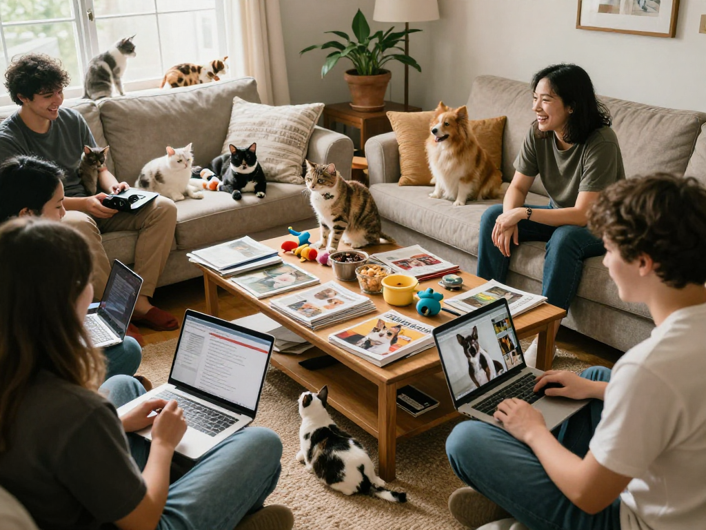 Pet lovers discussing rokok 88 and sharing tips in a cozy living room.