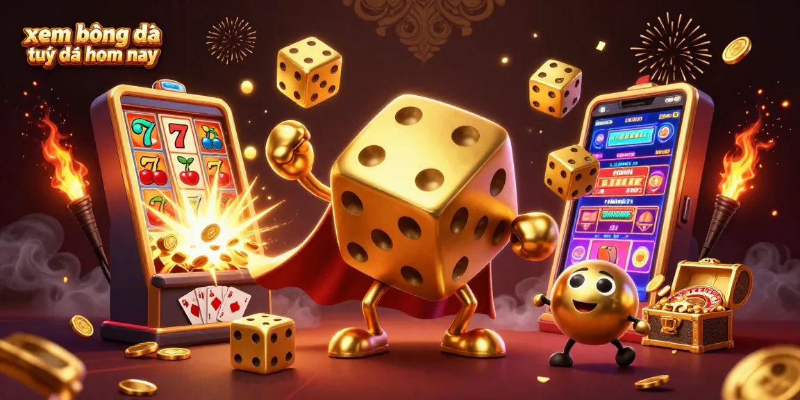 Engaging scene illustrating xem bóng đá trực tiếp hôm nay with golden dice golem and vibrant casino elements.