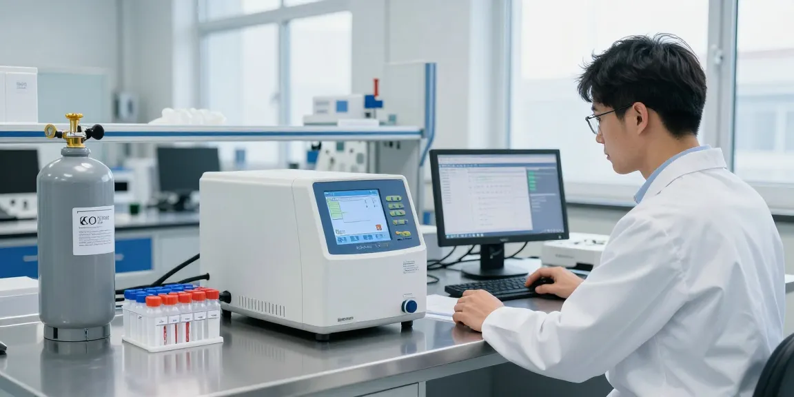 Kohlendioxid Analysator in einem modernen Labor, Techniker führt Echtzeitmessungen durch.