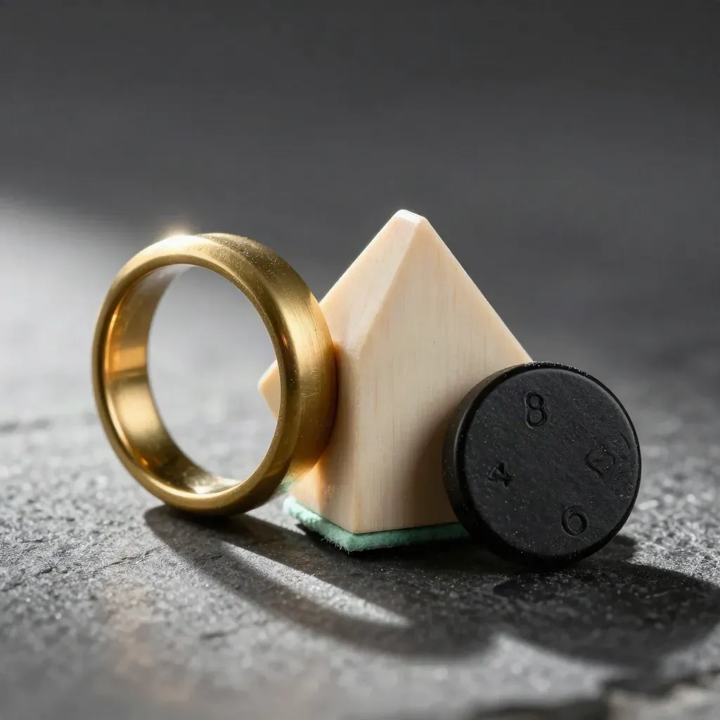 Brassring-Puzzle, Tangram und Zählstein auf dunklem Stein im Streulicht