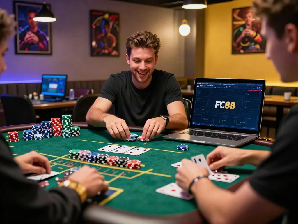 Player engaging in online gambling at FC88 with chips and cards.