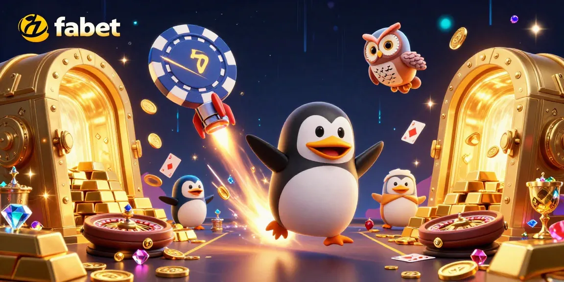 Experience fabet excitement with 3D cartoon penguin soaring toward a vibrant casino.