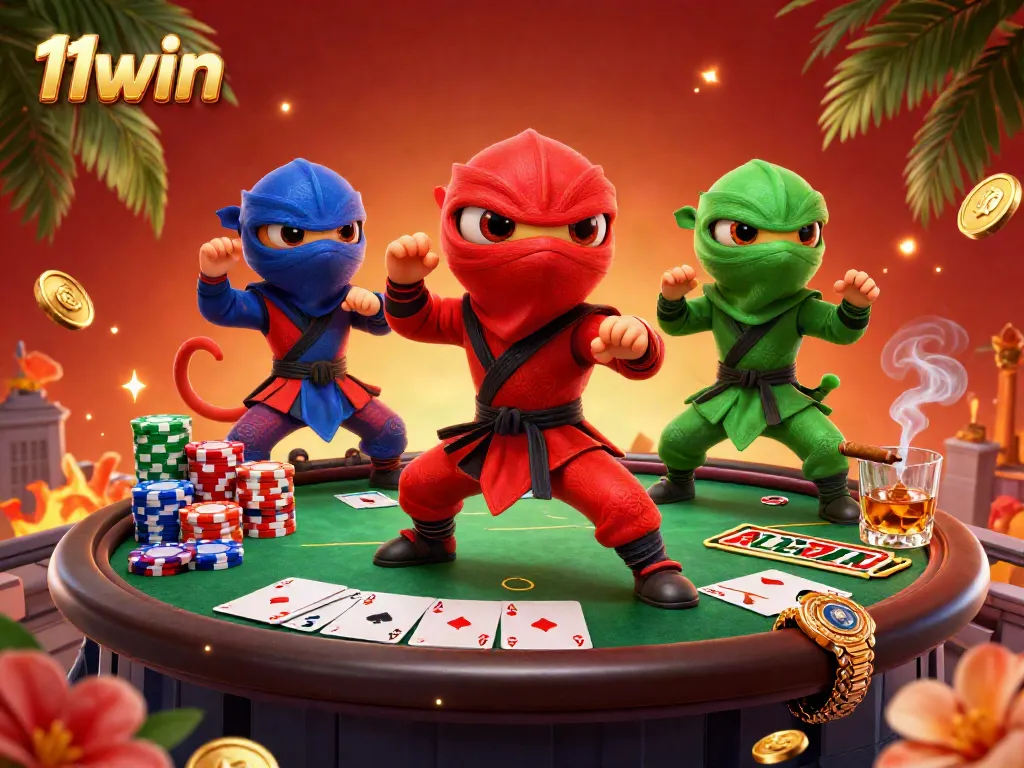 Engage in dynamic poker gameplay with 11win featuring ninja chameleons and vibrant casino elements.