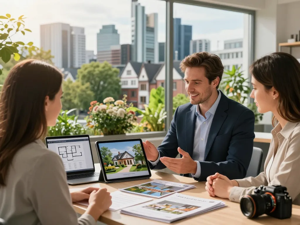 Ansprechende Immobilienberatung durch Immobilienmakler Frankfurt Eschersheim, die eine Immobilie auf einem Tablet mit urbanem Hintergrund präsentiert.