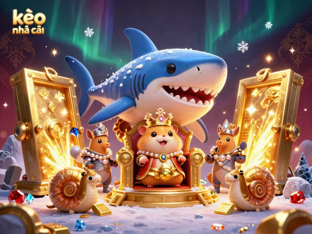 Experience the excitement of kèo nhà cái with a vibrant 3D scene of a hamster king on a megalodon throne surrounded by treasure.