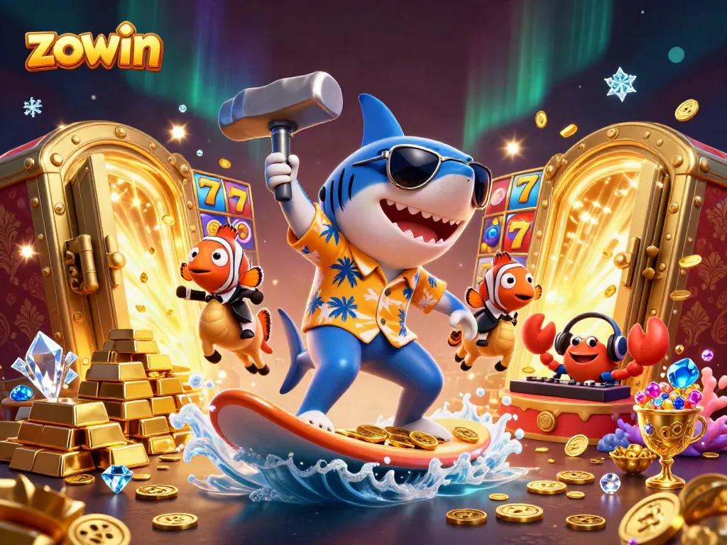Experience thrilling casino fun with Zowin as a shark surfs on gold coins amidst jackpot treasures.