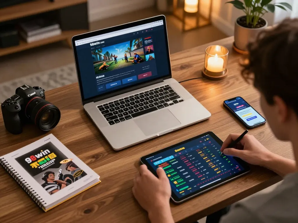 Engaged player strategizing on 98win com during online gambling session with laptop.