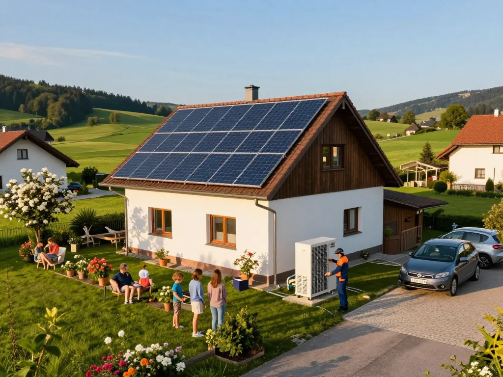 Photovoltaik Bayern Landschaft mit Solarpanelen und einer Familie, die nachhaltiges Leben in Bayern genießt.