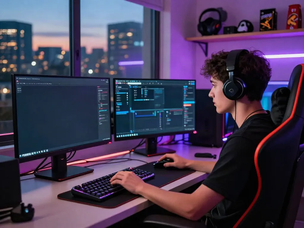 Engaged gamer using DU88 interface in a colorful gaming setup.