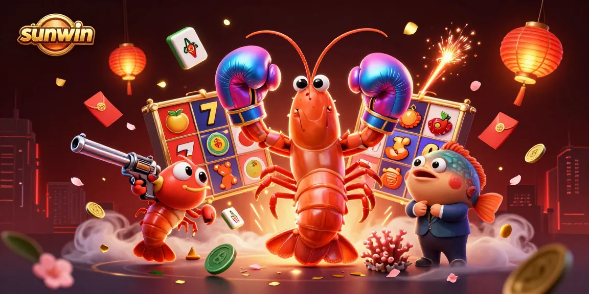Win big with sunwin in a vibrant casino scene featuring animated shrimp characters.
