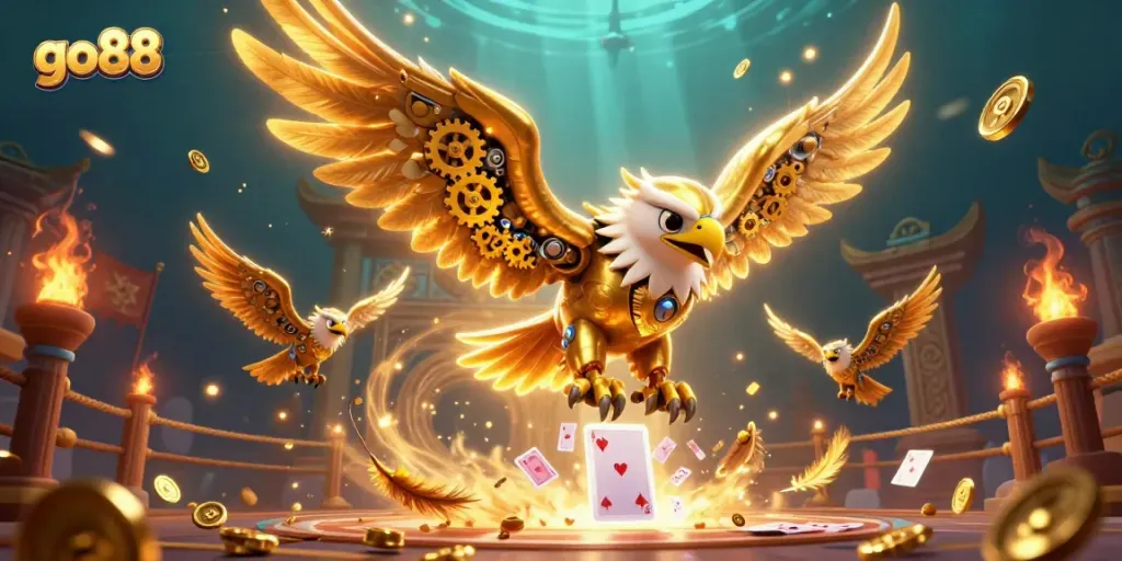 Experience excitement at go88 with a 3D cybernetic eagle soaring through vibrant gambling elements in an illustrated casino environment.