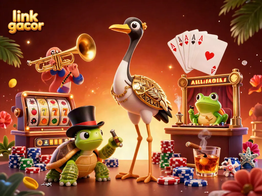 Win big with link gacor at this vibrant casino scene featuring lively characters and dynamic game elements.