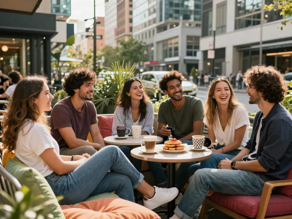 Friends socializing over coffee at a café celebrating the essence of rokok88 lifestyle.