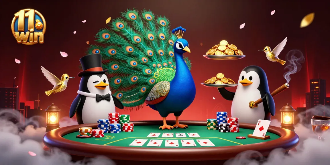 Engage with 11 win's colorful casino scene featuring a peacock and penguin with poker elements.
