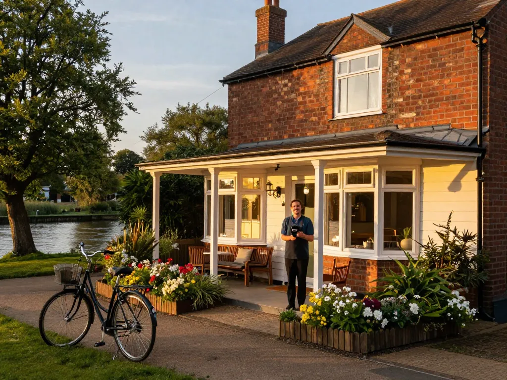 Welcoming property manager showcasing airbnb management reading in picturesque riverside rental.